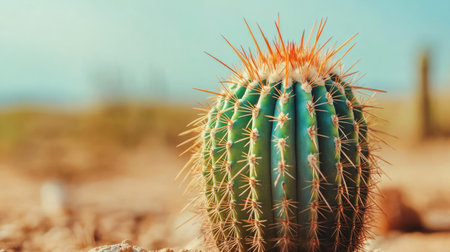 A stunning close-up view of a vibrant green cactus showcasing sharp spines. The serene desert background highlights the natural beauty of this unique plant.の素材