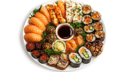 Beautifully arranged sushi platter with a variety of rolls and fresh ingredients, perfect for gatherings or a gourmet dining experience, accompanied by soy sauce and wasabi.の素材