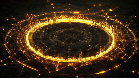 A mesmerizing abstract design featuring a glowing circular pattern filled with bright sparks that creates a sense of digital innovation and futuristic technology.の素材