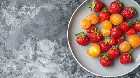 A visually appealing arrangement of fresh strawberries and yellow melon slices on a light gray plate, ideal for showcasing healthy summer recipes and vibrant food presentations.の素材