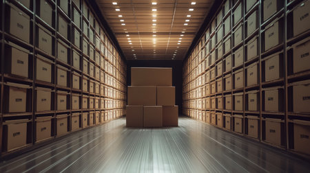 A spacious warehouse interior showcases rows of neatly stacked cardboard boxes against a backdrop of organized shelving, highlighting efficient storage solutions and logistics management.の素材