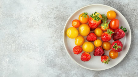 A vibrant mix of fresh fruits displayed on a round plate, showcasing red strawberries, yellow berries, and cherry tomatoes, perfect for healthy eating and culinary creativity.の素材