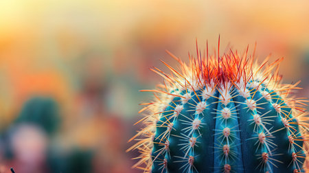 This stunning close-up showcases a cactus with vivid spines set against a beautifully blurred background, capturing the essence of desert beauty and tranquility in nature.の素材
