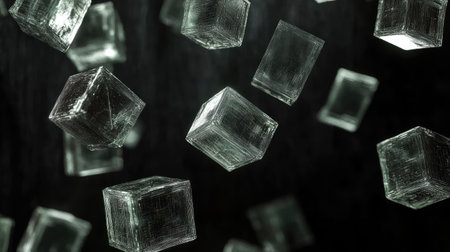 A captivating image of floating transparent cubes against a dark background, showcasing intricate reflections and shadows that evoke a modern, abstract aesthetic perfect for various creative uses.の素材