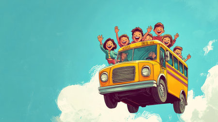 A vibrant illustration of happy children riding a colorful school bus, expressing joy and excitement during an adventurous journey under a bright sky filled with fluffy clouds.の素材