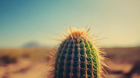 A striking close-up of a cactus showcasing its sharp spines and vibrant green hue, set against a softly blurred desert backdrop, capturing the essence of tranquility in nature.の素材