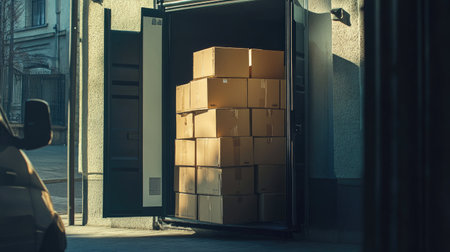 Boxes are stacked high in an open delivery truck, illuminated by warm morning light, showcasing an urban setting that highlights the logistics and transportation industry.の素材