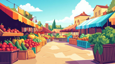 A lively outdoor marketplace featuring colorful stalls filled with fresh fruits and vegetables, set against a picturesque backdrop of houses and a sunny blue sky.の素材