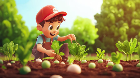 A cheerful young child joyfully harvesting fresh vegetables in a sunny garden, surrounded by vibrant greenery and showcasing a love for gardening and nature.の素材