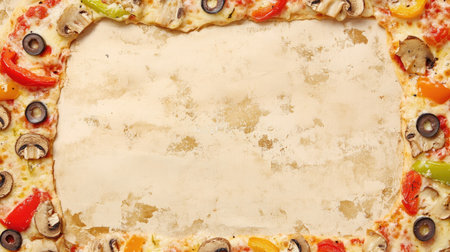 An inviting pizza border featuring vibrant vegetables and mushrooms, perfect for showcasing food-related content or recipes with a customizable blank center.の素材