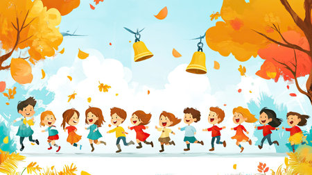 A vibrant scene featuring joyful children running through an autumn landscape, surrounded by colorful leaves and playful bells, capturing the essence of friendship and happiness.の素材