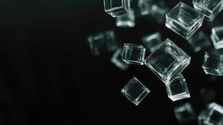This captivating image features floating glass cubes against a dark background, emphasizing transparency and modern design, ideal for various creative projects and artistic concepts.の素材