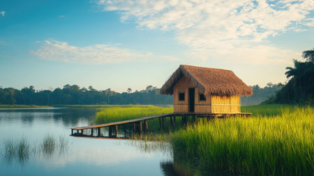 A picturesque bamboo hut stands on stilts over a calm lake, surrounded by vibrant green grass and trees, creating an idyllic setting for nature lovers and travelers.の素材