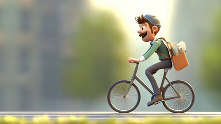 A vibrant cartoon character enjoys a bicycle ride through an urban landscape, showcasing a cheerful moment filled with outdoor leisure, creativity, and exploration.の素材