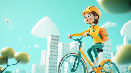 A vibrant animated scene featuring a young female character joyfully riding her bicycle through a friendly cityscape, exuding energy and adventure.の素材