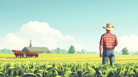 A serene rural scene depicts a farmer in a straw hat surveying a vibrant green field with grazing cows, complemented by a distant farmhouse under a bright blue sky.の素材