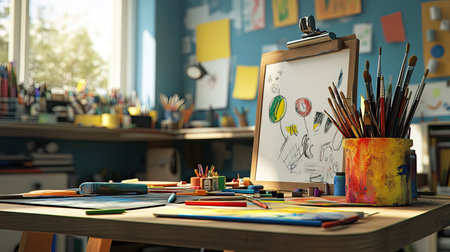 A bright and organized workspace filled with art supplies, colorful paints, and sketches, showcasing an inviting environment for creativity and inspiration.の素材