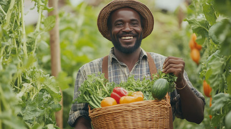 A joyful farmer stands in a vibrant garden, proudly holding a basket filled with an assortment of fresh vegetables, showcasing the beauty of farm life and healthy living.の素材