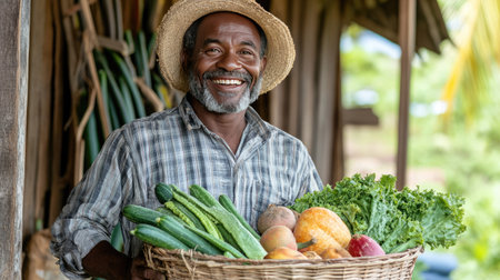 A joyful farmer stands proudly with a basket full of fresh vegetables and fruits, embodying the spirit of agriculture and community in a rural landscape.の素材