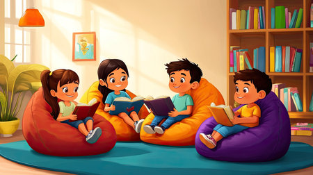 Four children enjoying a cozy reading session in a bright room, surrounded by bean bags and shelves full of books, fostering creativity and friendship.の素材