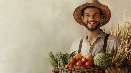 A cheerful farmer smiles while holding a wicker basket filled with fresh vegetables and fruits, set against a soft background of wheat, embodying rural lifestyle and healthy living.の素材