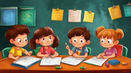 Four cheerful children are focused on drawing and engaging in creative activities in a vibrant classroom. Their expressions reflect joy and collaboration as they explore their artistic talents.の素材