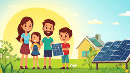 This vibrant illustration features a joyful family standing proudly beside solar panels in a sunlit landscape, showcasing a commitment to renewable energy and a sustainable future.の素材