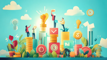 This vibrant illustration showcases a celebration of business success, featuring people among stacks of coins and light bulbs, symbolizing creativity, growth, and innovation in a modern landscape.の素材