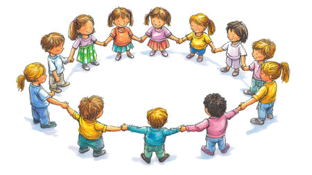 A vibrant illustration depicting diverse children holding hands in a circle, symbolizing unity and friendship, ideal for themes of community and social interaction in educational materials.の素材
