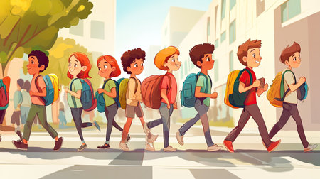 A vibrant illustration showing a diverse group of children walking together, carrying backpacks, enjoying a sunny urban day, exemplifying friendship and youthful energy.の素材