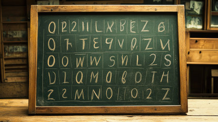 This vintage chalkboard features unique handwritten letters and numbers, reflecting an educational tool from the past that embodies teaching methods and nostalgic classroom environments.の素材