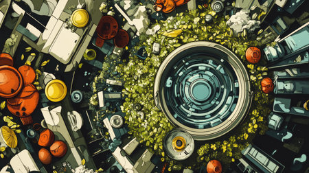 Explore a captivating futuristic cityscape viewed from above, showcasing a harmonious blend of modern architecture and lush greenery in vibrant colors.の素材