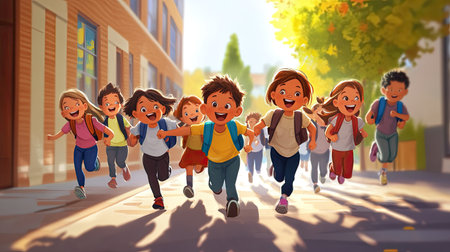 A vibrant scene showing a group of joyful children running together outdoors, expressing happiness and friendship on a sunny day, capturing the essence of childhood and carefree moments.の素材