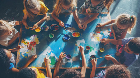 Children collaborating on a vibrant painting project, showcasing creativity and teamwork. The atmosphere is filled with joy and artistic expression.の素材