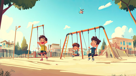 Three animated children enjoy a sunny day in a lively park, swinging happily on swings while surrounded by a vibrant neighborhood and clear blue sky.の素材