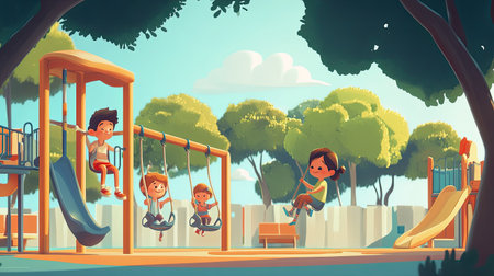 A lively scene showcasing children playing joyfully at a colorful playground filled with swings and slides, surrounded by lush green trees on a sunny day.の素材
