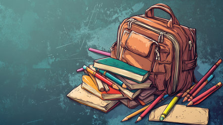 A vibrant illustration featuring a brown backpack surrounded by stacked books, colorful pencils, and blank notebooks, ideal for educational and creative themes.の素材