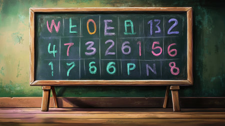 A vibrant and artistic chalkboard depicting letters and numbers, perfect for educational materials and creative projects, enhancing learning experiences in classrooms.の素材