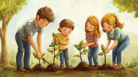 A cheerful family engages in a wholesome gardening activity, planting seedlings together in a lush outdoor setting, promoting teamwork and environmental consciousness.の素材