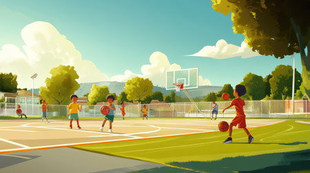 A lively scene of children engaging in basketball on an outdoor court, showcasing teamwork and joy in a sunny urban park during summer.の素材