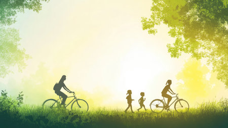 A beautiful scene depicting a family enjoying a bike ride and walk in nature during sunset, surrounded by vibrant trees and bright sunlight, creating a serene atmosphere.の素材