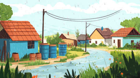 A picturesque rural landscape featuring colorful homes, a winding path, and vibrant greenery, showcasing a serene and tranquil scene under a gentle rain.の素材