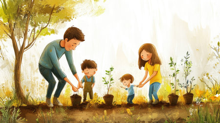 A joyful moment of family engagement in gardening, showcasing a parent guiding two children as they plant young trees, promoting connection to nature and growth.の素材