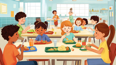 A vibrant school cafeteria scene showcasing children enjoying their lunch together, filled with tasty meals and a sense of community and joy in a colorful environment.の素材