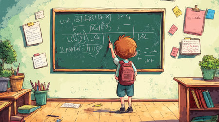 A young student stands in a classroom, focused on writing math formulas on a chalkboard. Surrounded by school supplies and plants, this illustration captures the spirit of learning.の素材