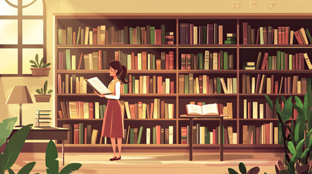 A serene library scene featuring a woman immersed in a book, surrounded by colorful shelves and plants, ideal for evoking themes of knowledge and peaceful reading experiences.の素材