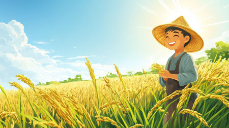 A joyful young boy in a straw hat stands in a golden rice field, beaming with happiness as he holds harvested rice, surrounded by vibrant nature and sunlight.の素材