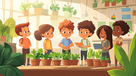 A cheerful illustration of kids actively engaged in gardening inside a bright greenhouse, surrounded by various plants, showcasing excitement and teamwork in learning about nature.の素材