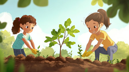 Two young girls enthusiastically plant trees in a bright and vibrant garden, showcasing the beauty of nature and the importance of nurturing our environment together.の素材