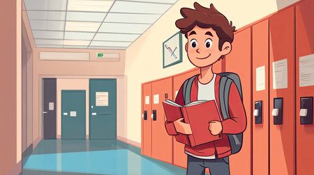 A cheerful student stands in a bright school hallway, holding a book, embodying joy and enthusiasm for learning in a modern educational setting.の素材